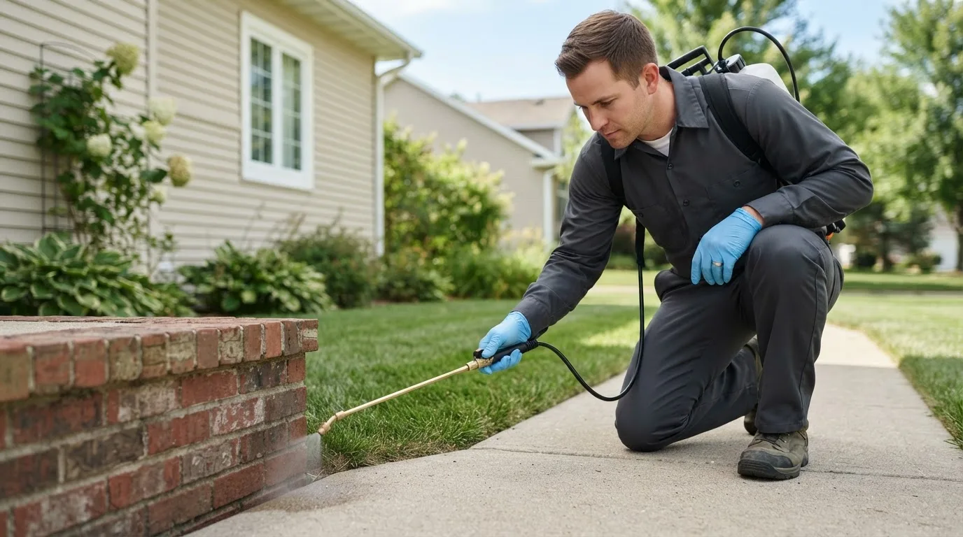Pest control technician treating a home near Harmony, MN