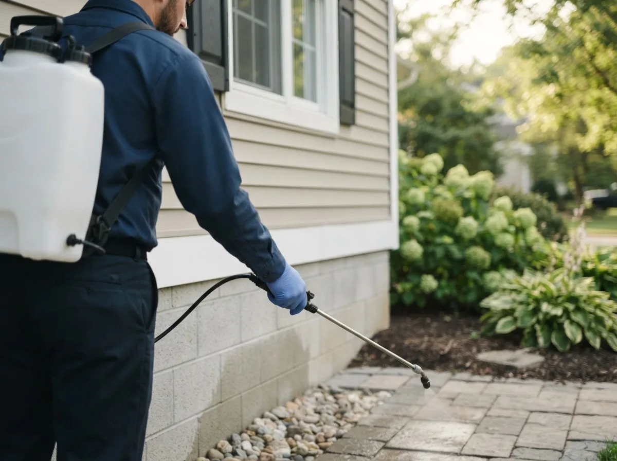 Pest control technician inspecting a home in Harmony, MN